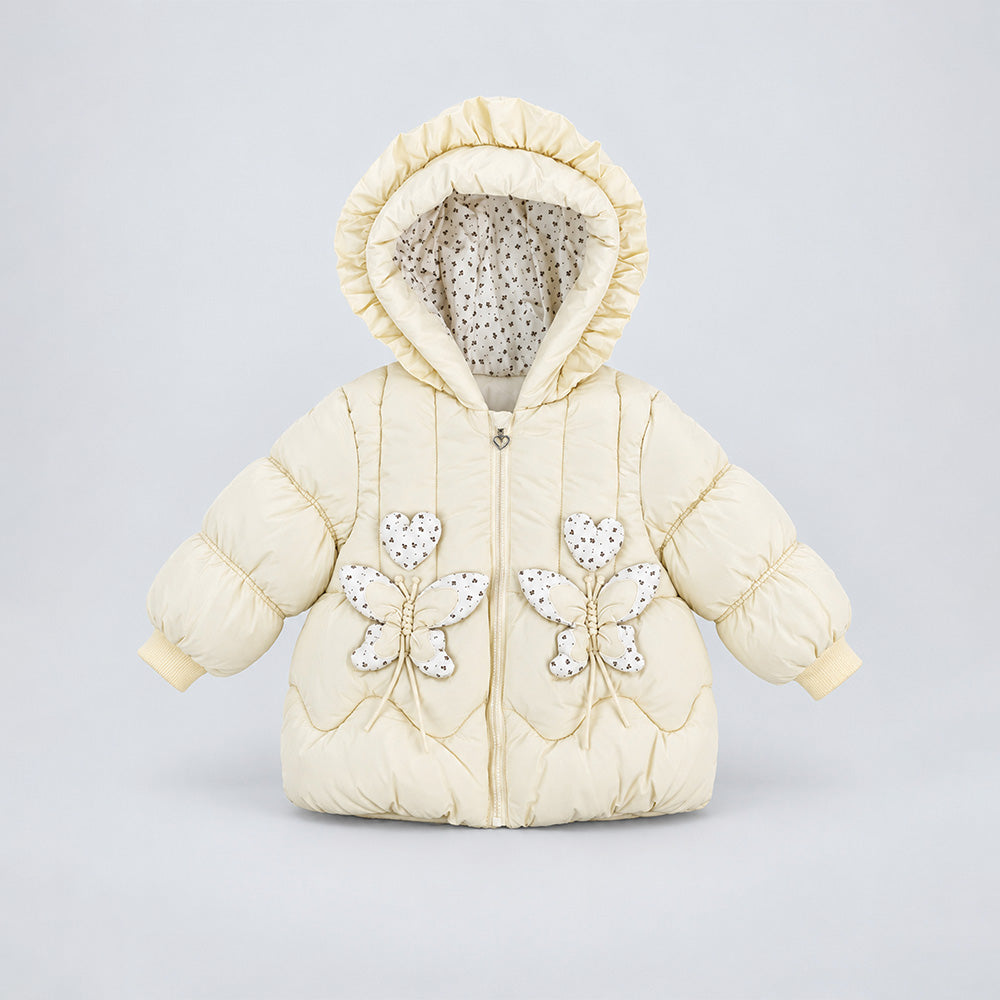 Little Surprise Box Pastel Yellow Butterfly Heart Quilted Hooded Winter Jacket for Kids