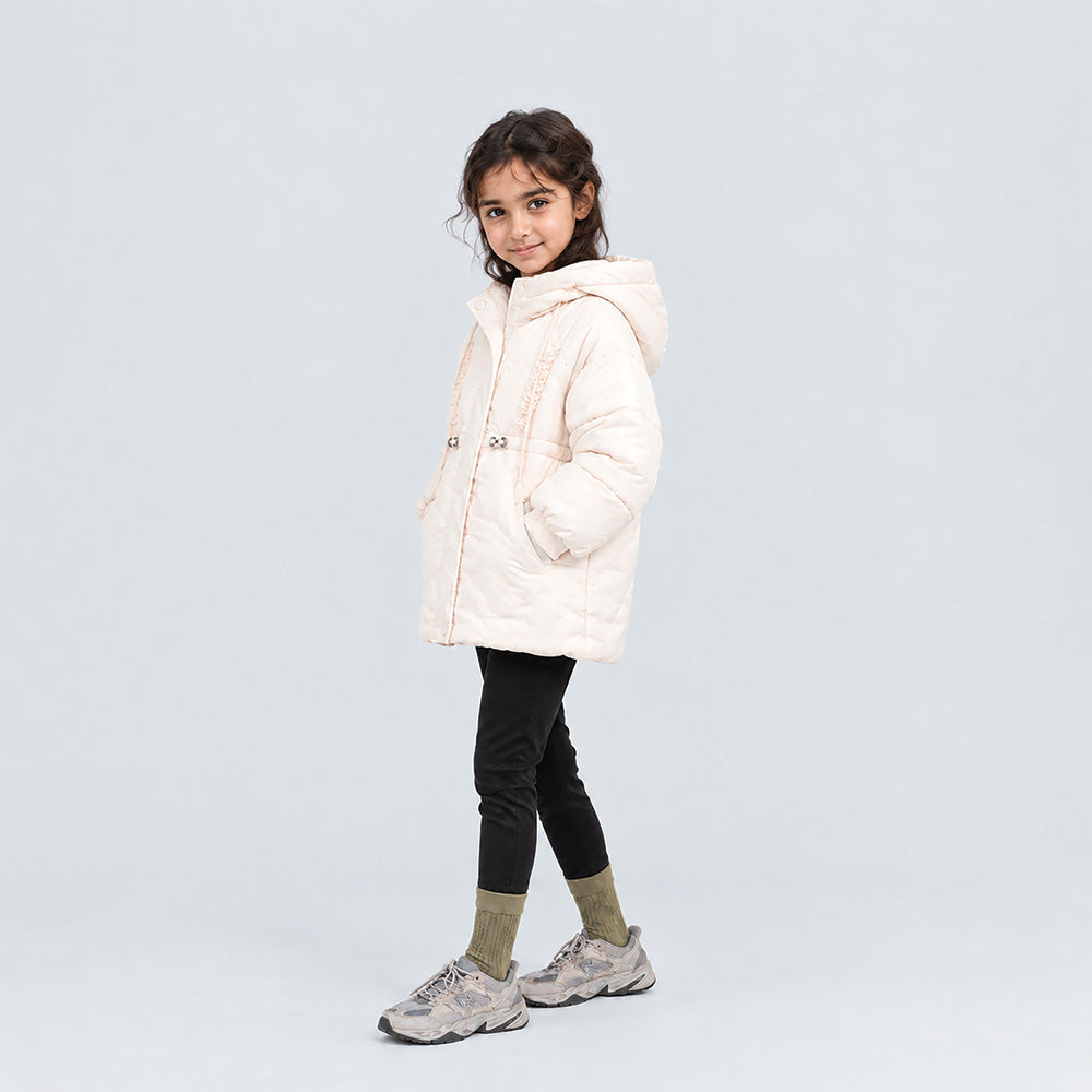 Little Surprise Box Ivory Cat Glitter Quilted Hooded Winter Jacket with Mittens for Kids