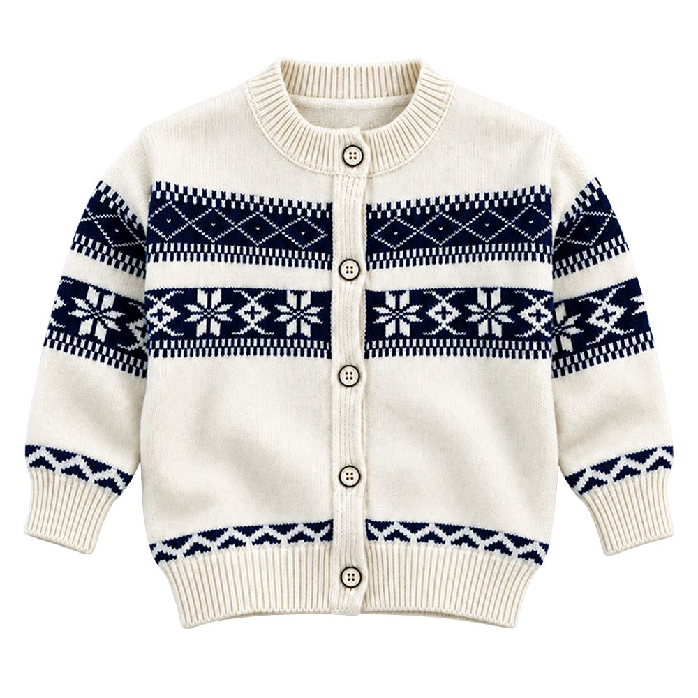 Little Surprise Box, Cream & Navy Blue Nordic Pattern Winter Cardigan Sweater for Kids