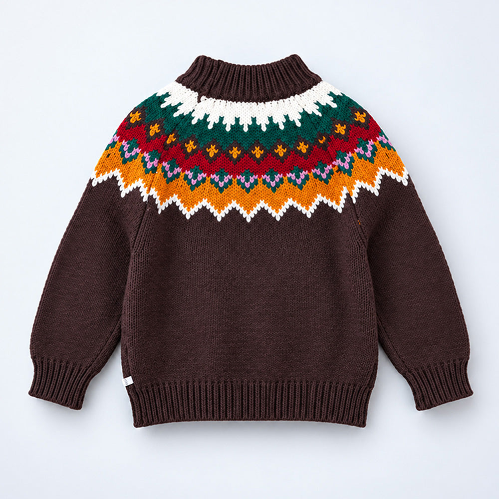 Little Surprise Box, Brown Multi Color Pompom Winter Cardigan Sweater for Kids