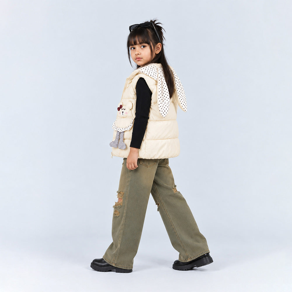 Little Surprise Box Yellow Polka Dots Cute Character-Themed Quilted Hooded Sleeveless Winter Jacket for Kids