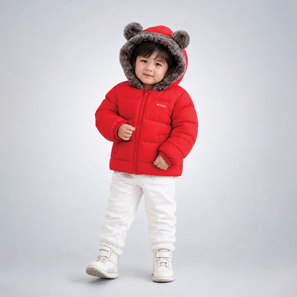 Little Surprise Box Red Bear-Ear Faux-Fur Hooded Quilted Winter Jacket for Kids
