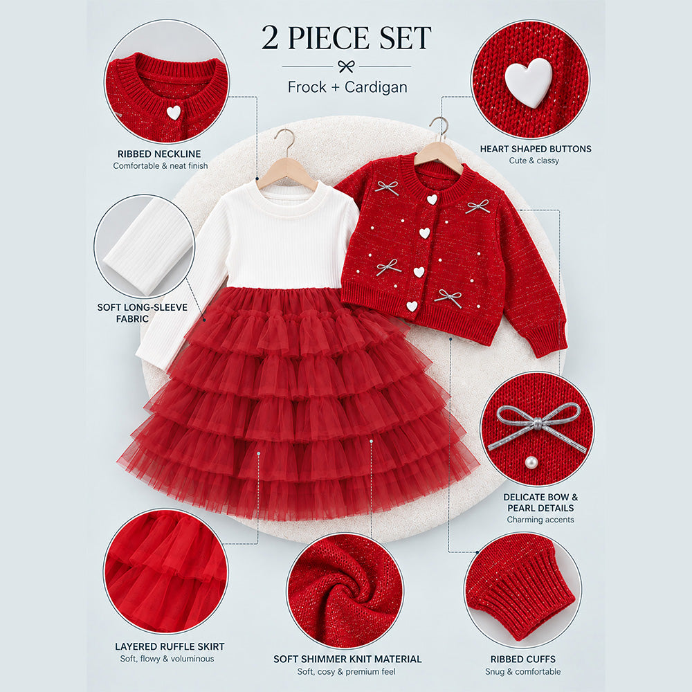 Little Surprise Box, Red Pearl & Silver Bow Cardigan & White-Red Ruffle Frock, Winterwear 2 Pcs Set for Girls
