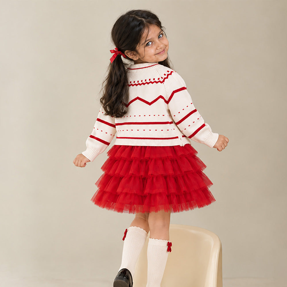 Little Surprise Box, White Strawberry Cardigan & White-Red Ruffle Frock, Winterwear 2 Pcs Set for Girls