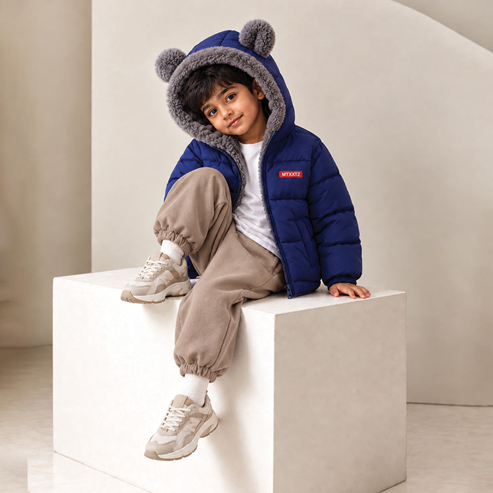 Little Surprise Box Navy Blue Bear-Ear Faux-Fur Hooded Quilted Winter Jacket for Kids
