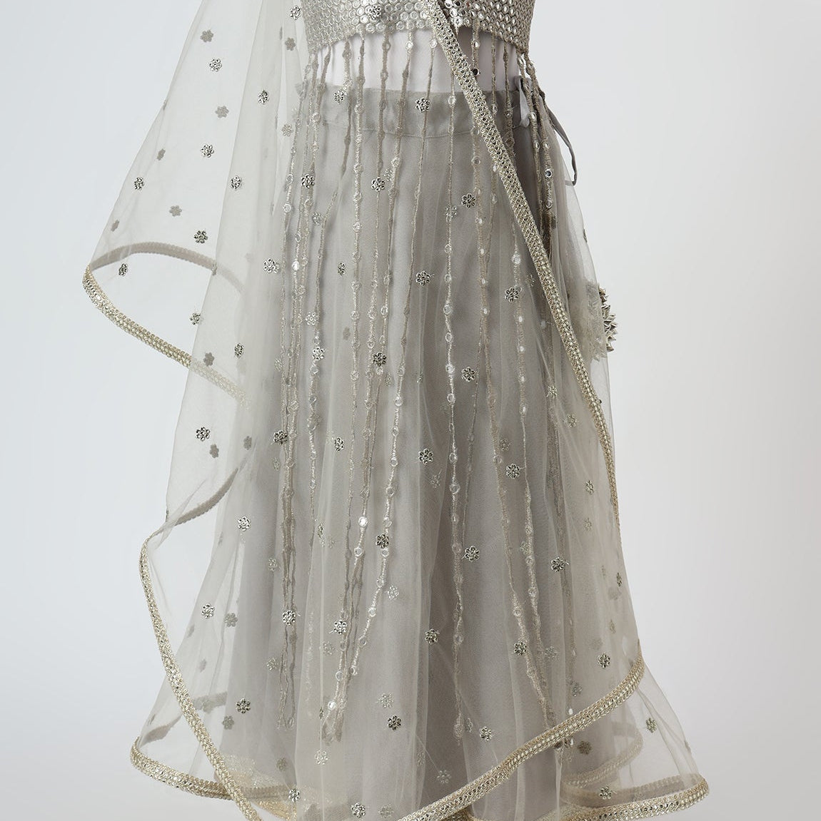 Silver Grey Mirror Embroidered Soft Net Lehenga Set - image 2