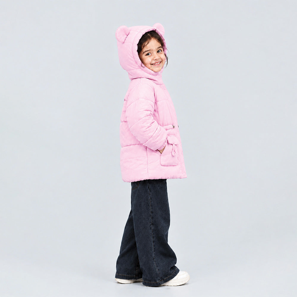 Little Surprise Box Pink Bunny Glitter Quilted Hooded Winter Jacket with Muffler for Kids