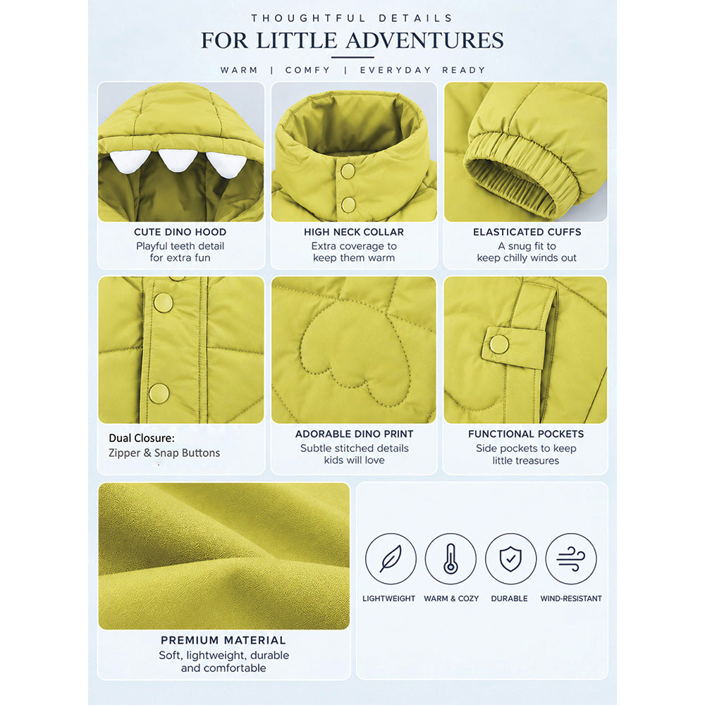 Little Surprise Box Olive Green Dino-Themed Quilted Hooded Winter Jacket for Kids
