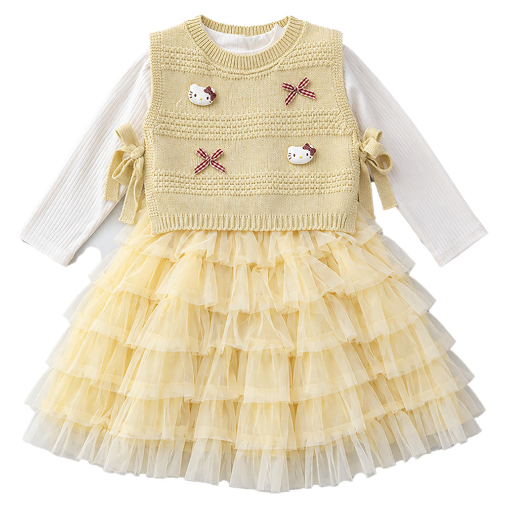 Little Surprise Box, Light Green Kitty Knitted Vest & White-Yellow Ruffle Frock Winterwear 2 Pcs Set for Girls