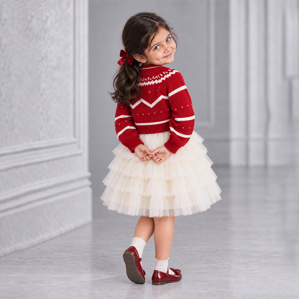 Little Surprise Box, Red Strawberry Cardigan & White-Ivory Ruffle Frock, Winterwear 2 Pcs Set for Girls