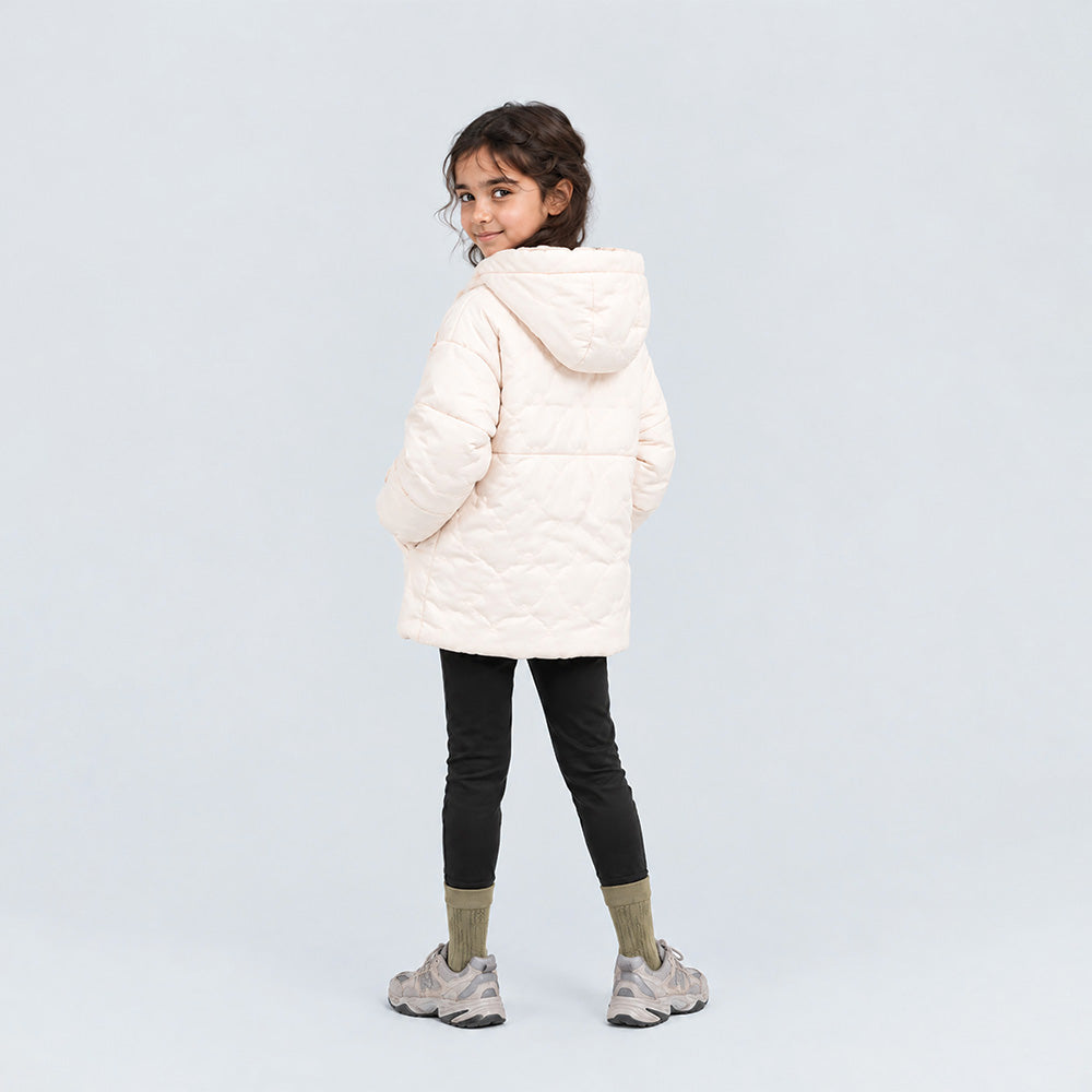 Little Surprise Box Ivory Cat Glitter Quilted Hooded Winter Jacket with Mittens for Kids