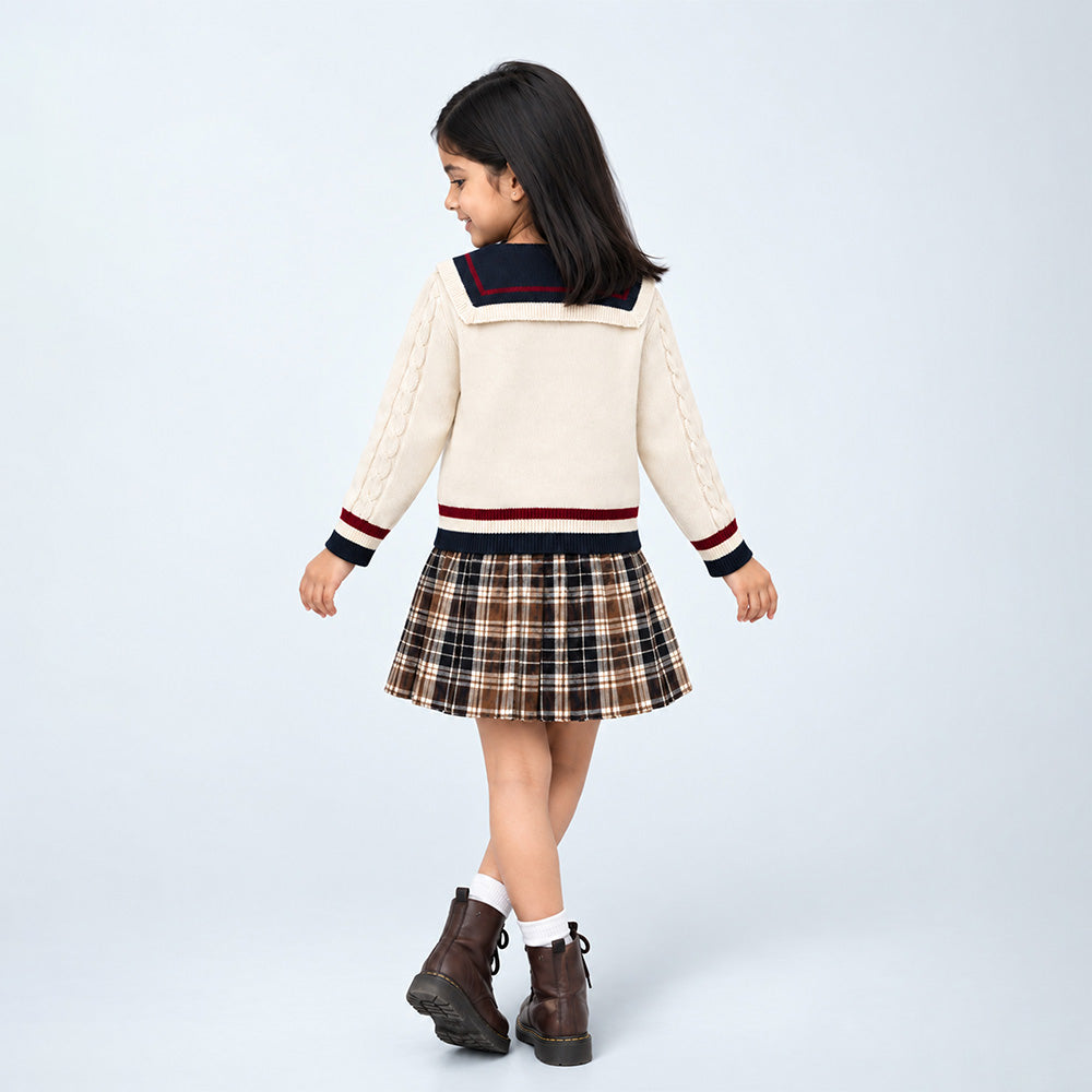 Little Surprise Box, Dusty Beige Cable-Knit Sailor Collar Winter Cardigan Sweater with Detachable Doll Clip for Girls