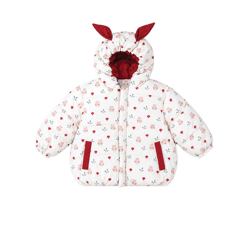 Little Surprise Box Cream & Brown Bunny Mushroom Quilted Hooded Winter Jacket for Kids