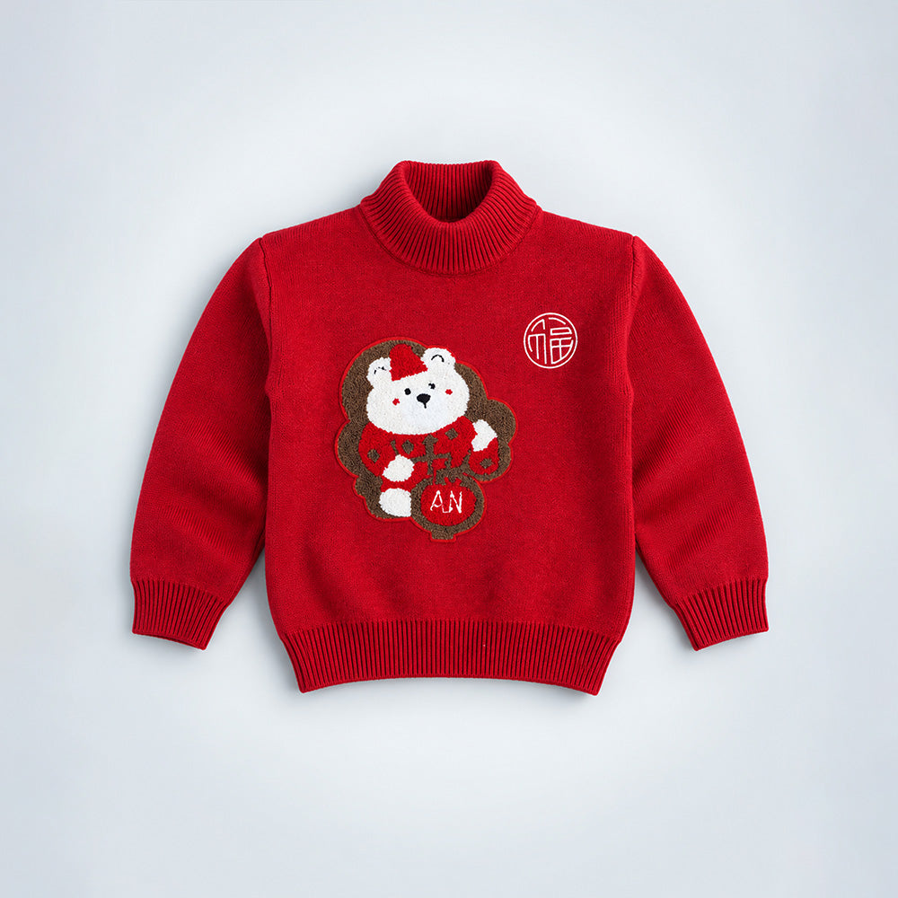 Little Surprise Box, Red White Bear Knitted Winter Cardigan, Christmas Sweater for Kids