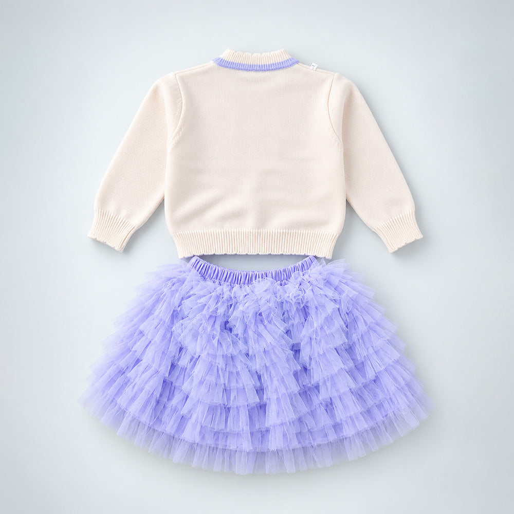 Little Surprise Box, Ivory Horse Sweater & Purple Ruffle Skirt with Detachable Bow Clip, Winterwear 2 Pcs Set for Girls