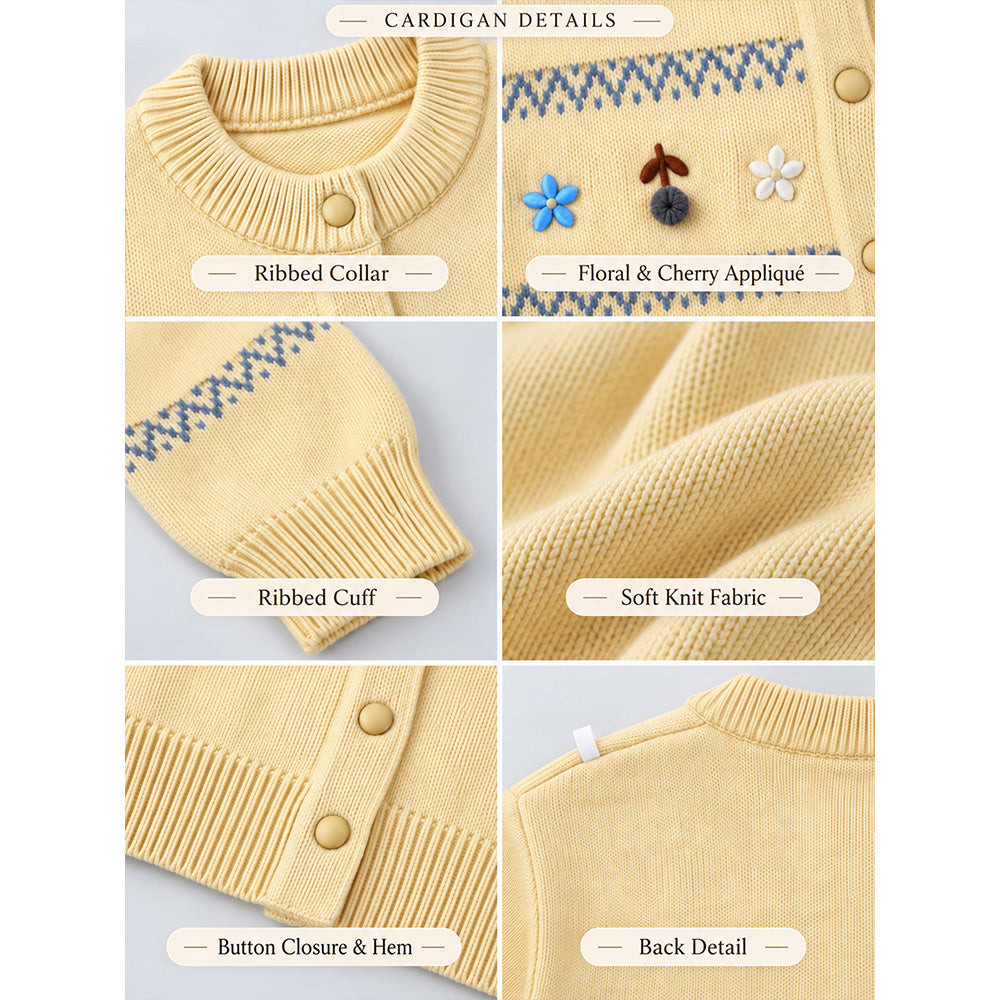 Little Surprise Box, Pastel Yellow Floral Knitted Winter Cardigan Sweater for Kids