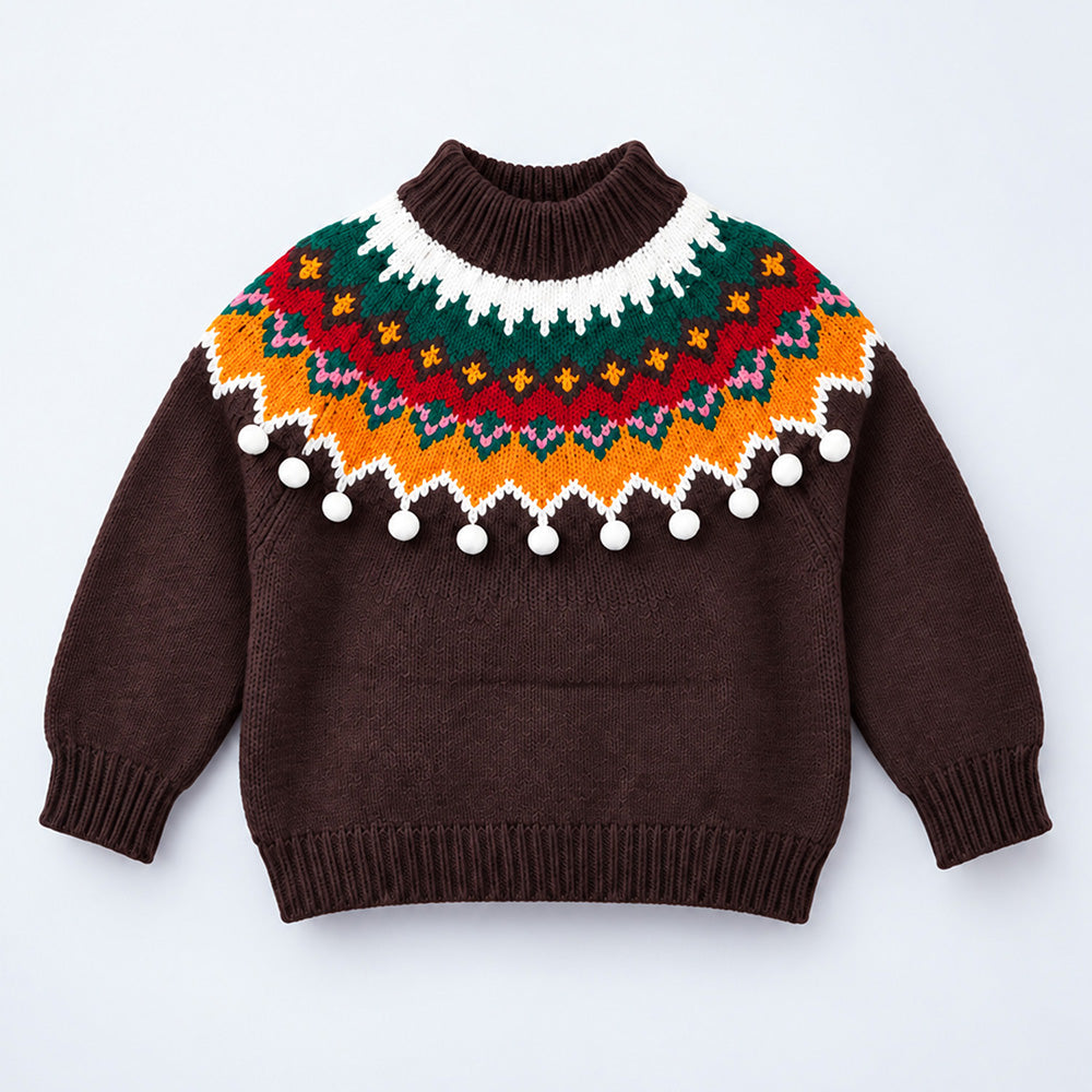 Little Surprise Box, Brown Multi Color Pompom Winter Cardigan Sweater for Kids