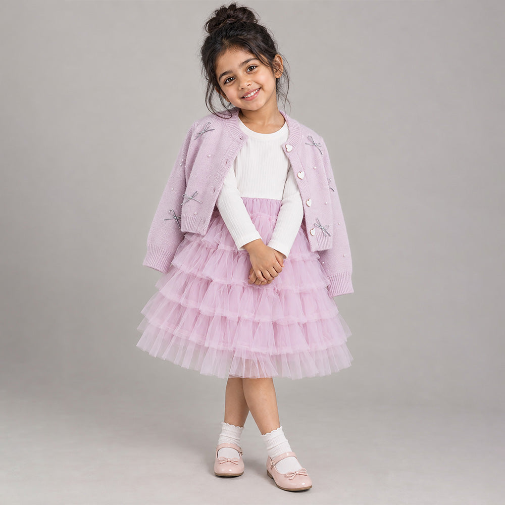 Little Surprise Box, Pink Pearl & Silver Bow Cardigan & White-Pink Ruffle Frock, Winterwear 2 Pcs Set for Girls