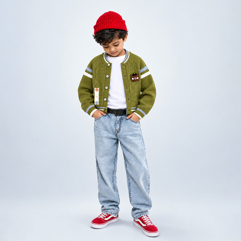 Little Surprise Box, Olive Green Bear Cap Winter Cardigan Sweater for Kids