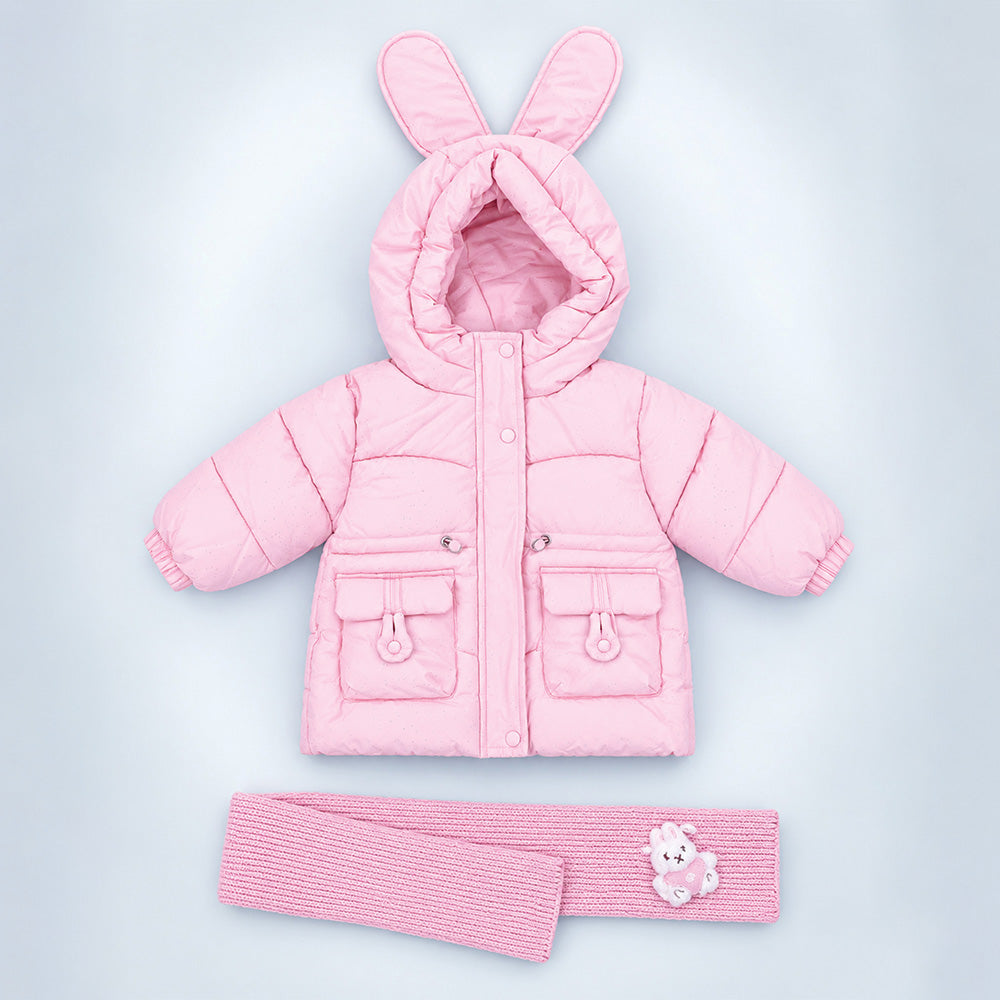 Little Surprise Box Pink Bunny Glitter Quilted Hooded Winter Jacket with Muffler for Kids
