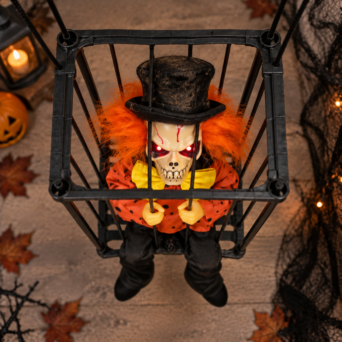 Animated Hanging Skeleton Cage – Evil Jester
