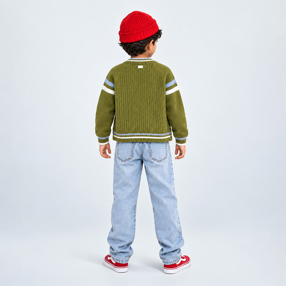 Little Surprise Box, Olive Green Bear Cap Winter Cardigan Sweater for Kids