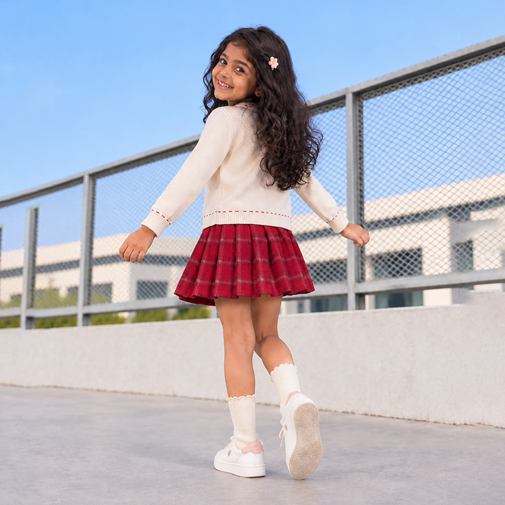 Little Surprise Box, Ivory Horse Cardigan & Maroon Checked Skirt, Winterwear, 2 Pcs Set for Girls