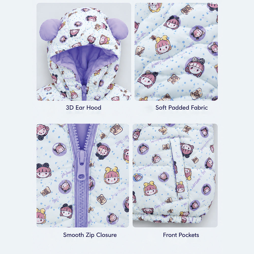 Little Surprise Box Cream & Purple Happy Girl Quilted Hooded Winter Jacket for Kids
