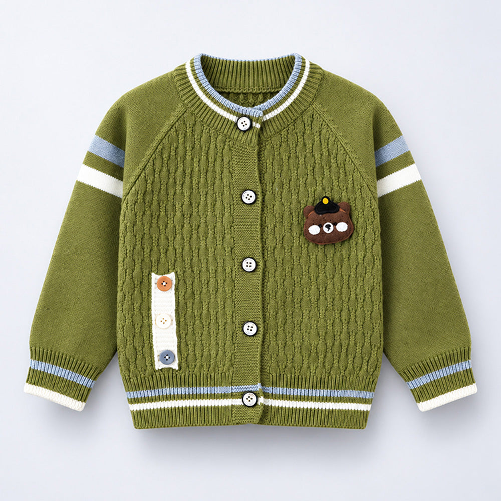 Little Surprise Box, Olive Green Bear Cap Winter Cardigan Sweater for Kids