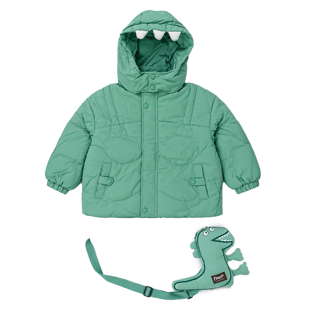 Little Surprise Box Mint Green Dino-Themed Quilted Hooded Winter Jacket for Kids