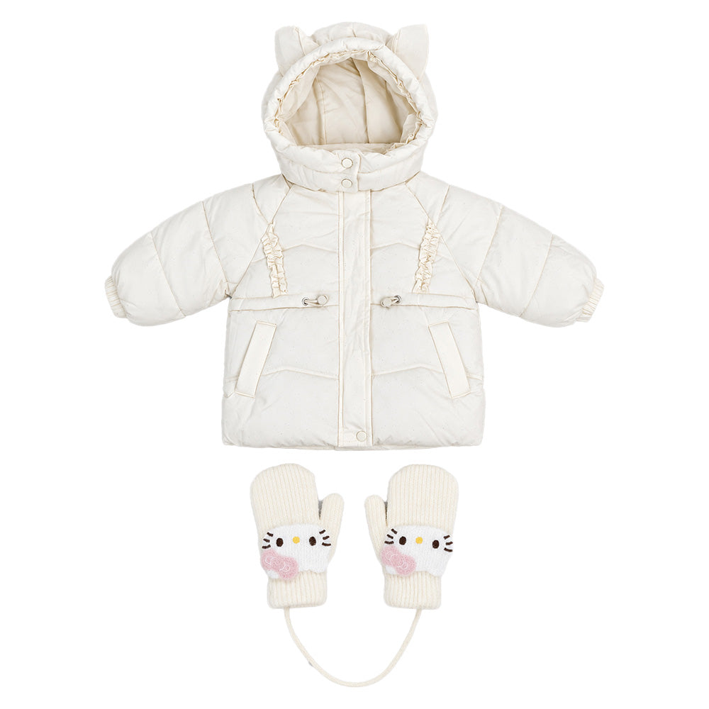 Little Surprise Box Ivory Cat Glitter Quilted Hooded Winter Jacket with Mittens for Kids