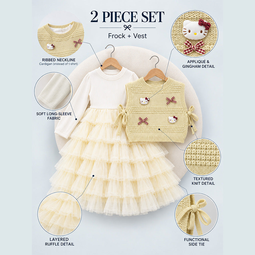 Little Surprise Box, Light Green Kitty Knitted Vest & White-Yellow Ruffle Frock Winterwear 2 Pcs Set for Girls