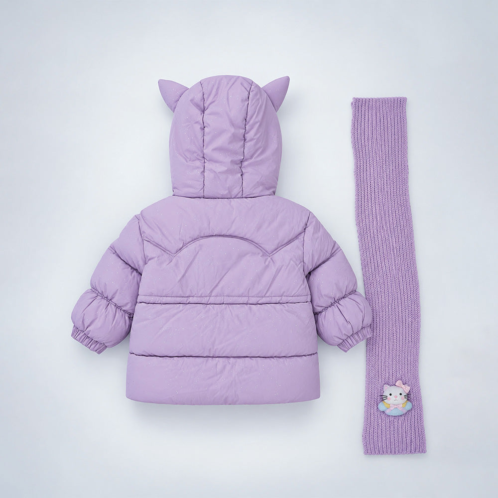 Little Surprise Box Purple Cat Glitter Quilted Hooded Winter Jacket with Muffler for Kids