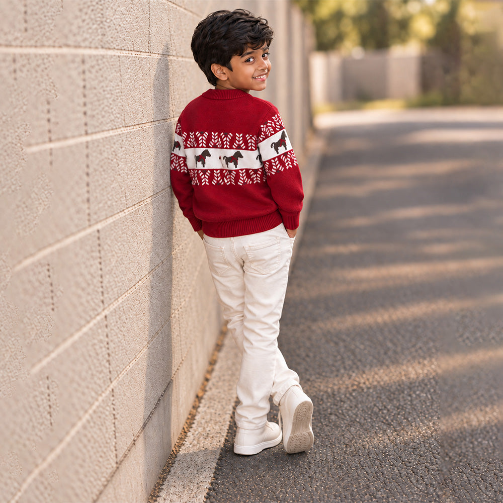 Little Surprise Box, Red Horse Pattern Knitted Winter Cardigan, Christmas Sweater for Kids