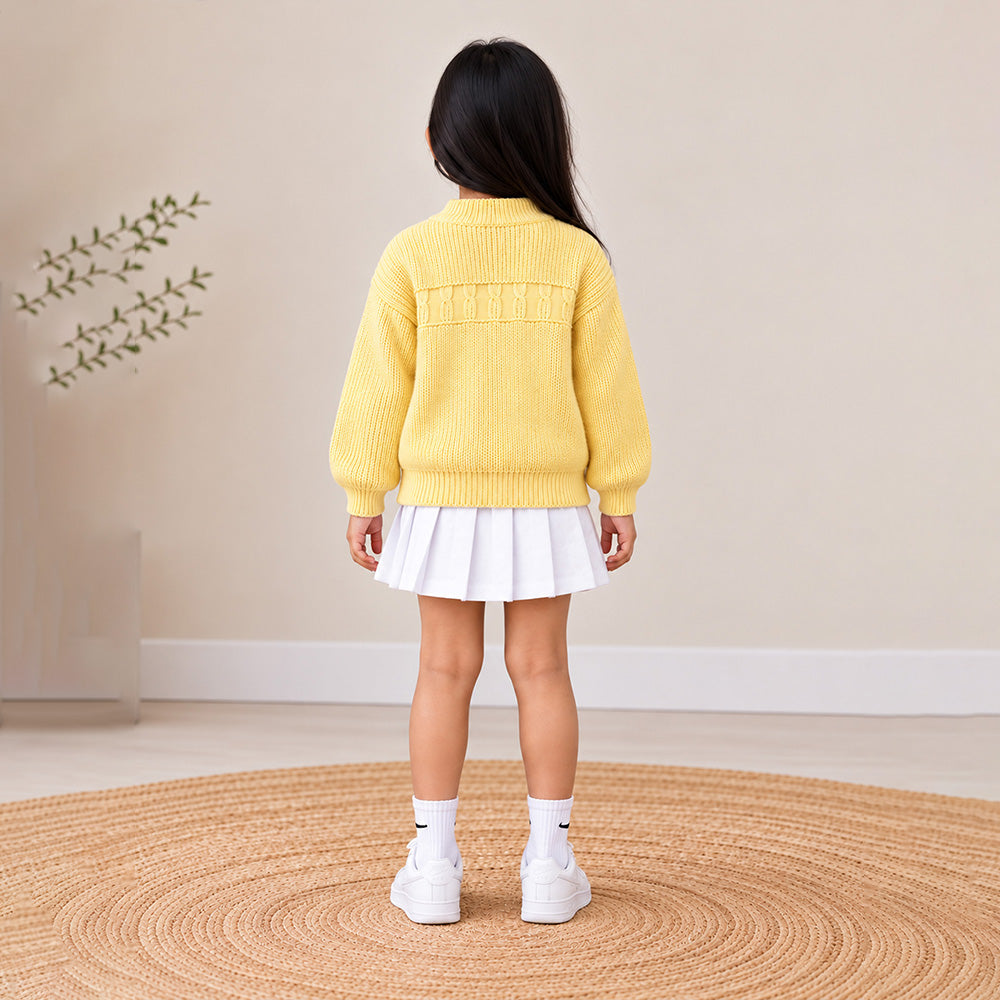 Little Surprise Box, Yellow Bow & Pom-Pom Knitted Winter Cardigan Sweater for Girls