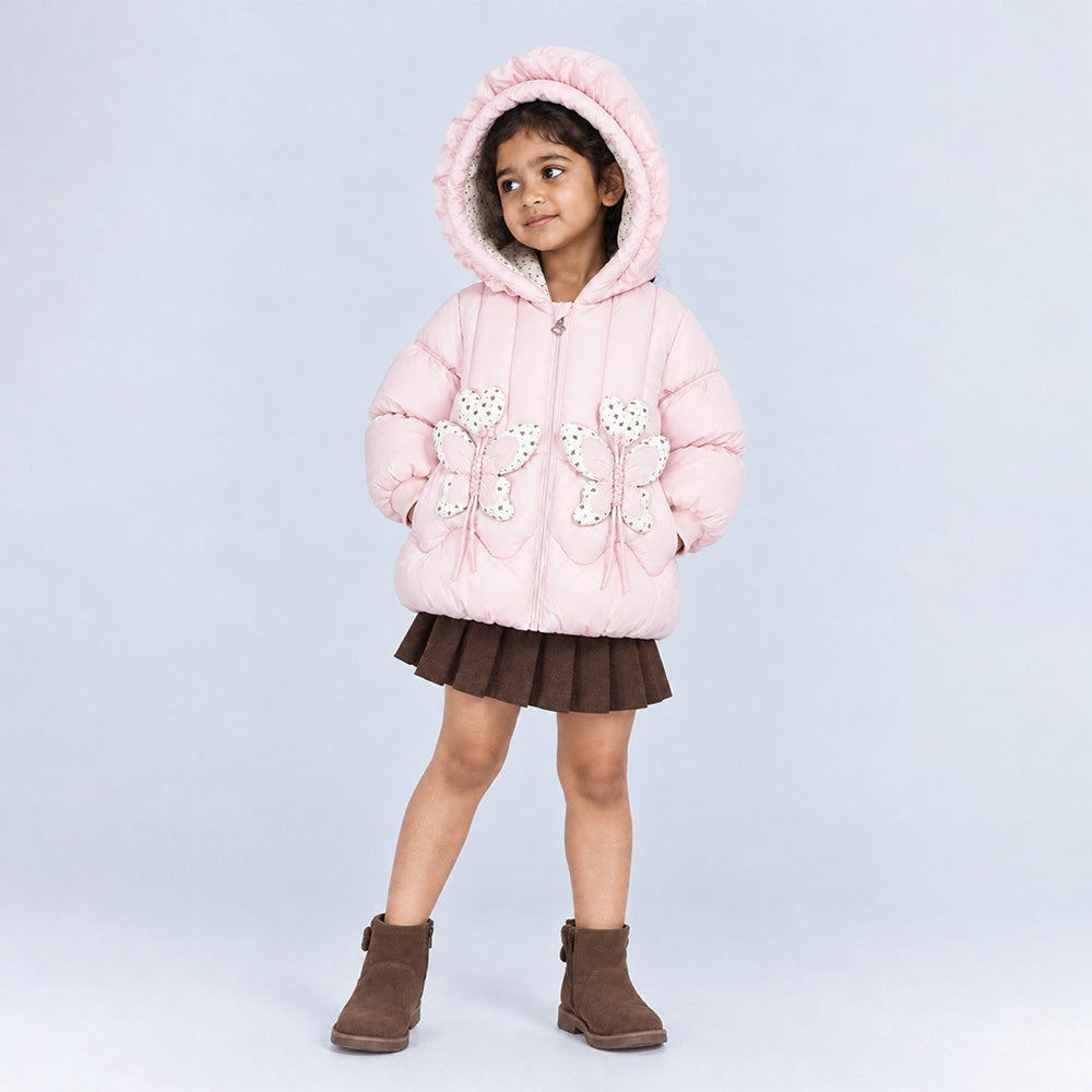 Little Surprise Box Peach Butterfly Heart Quilted Hooded Winter Jacket for Kids