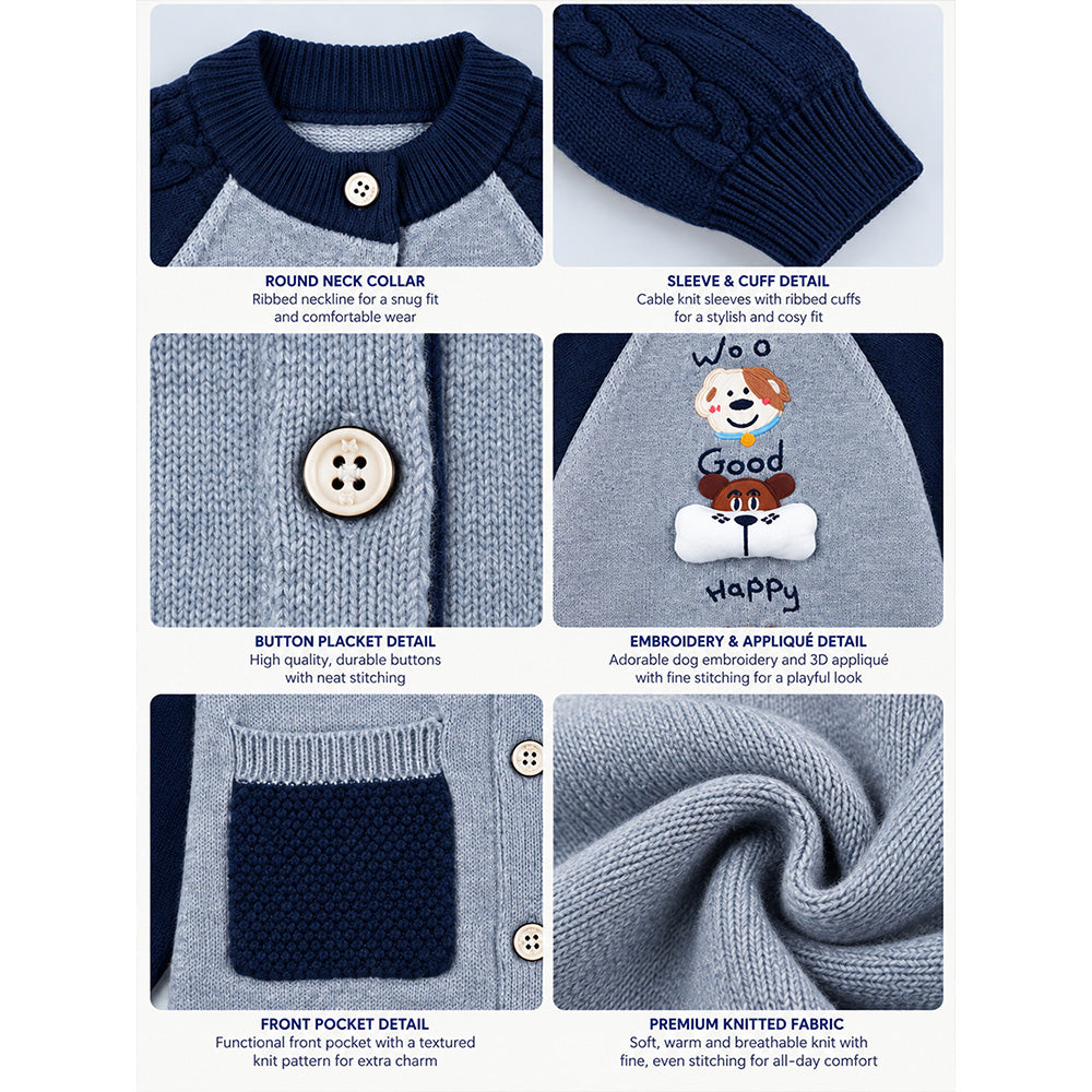 Little Surprise Box, Navy Blue & Grey Bear Varsity-Style Winter Cardigan Sweater for Kids