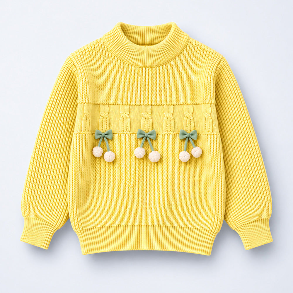 Little Surprise Box, Yellow Bow & Pom-Pom Knitted Winter Cardigan Sweater for Girls
