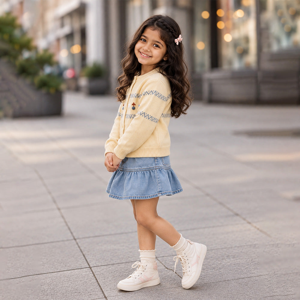 Little Surprise Box, Pastel Yellow Floral Knitted Winter Cardigan Sweater for Kids