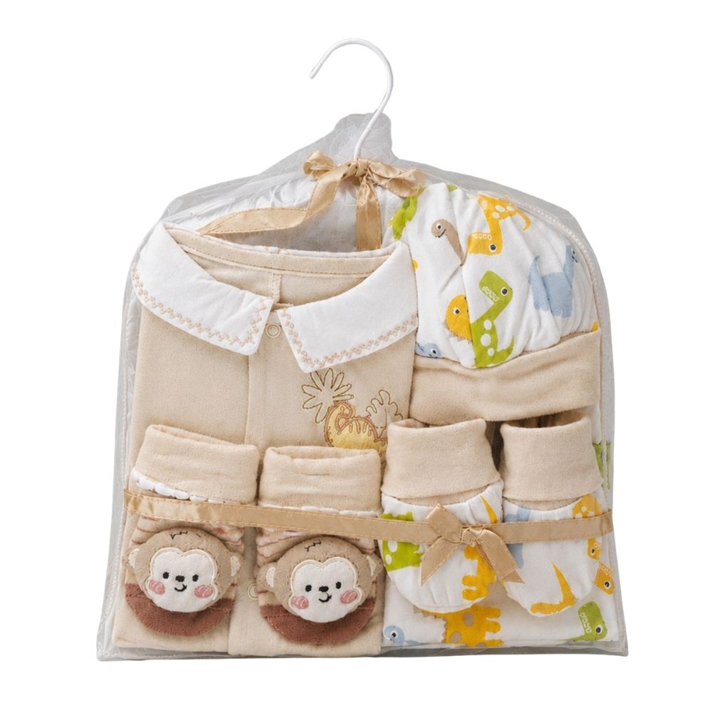 Little Surprise Box 9 Pcs Newborn Baby All Season Wear Net Gift Hamper Set - 0-6M - Beige Animals - image 1