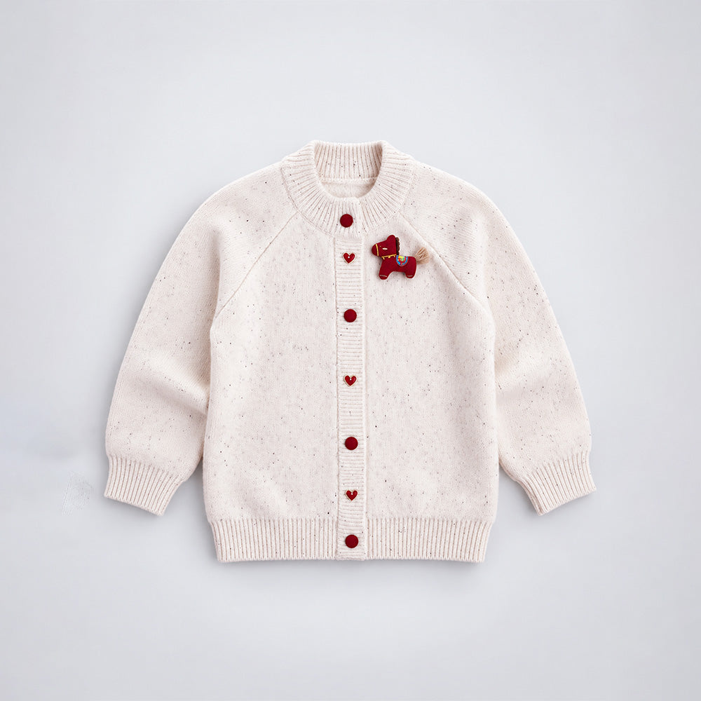Little Surprise Box, Cream Little Pony Horse Winter Cardigan, Christmas Sweater with Horse Brooch for Kids