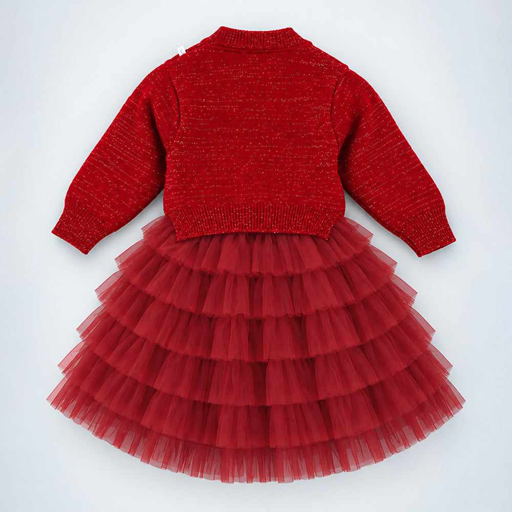 Little Surprise Box, Red Pearl & Silver Bow Cardigan & White-Red Ruffle Frock, Winterwear 2 Pcs Set for Girls
