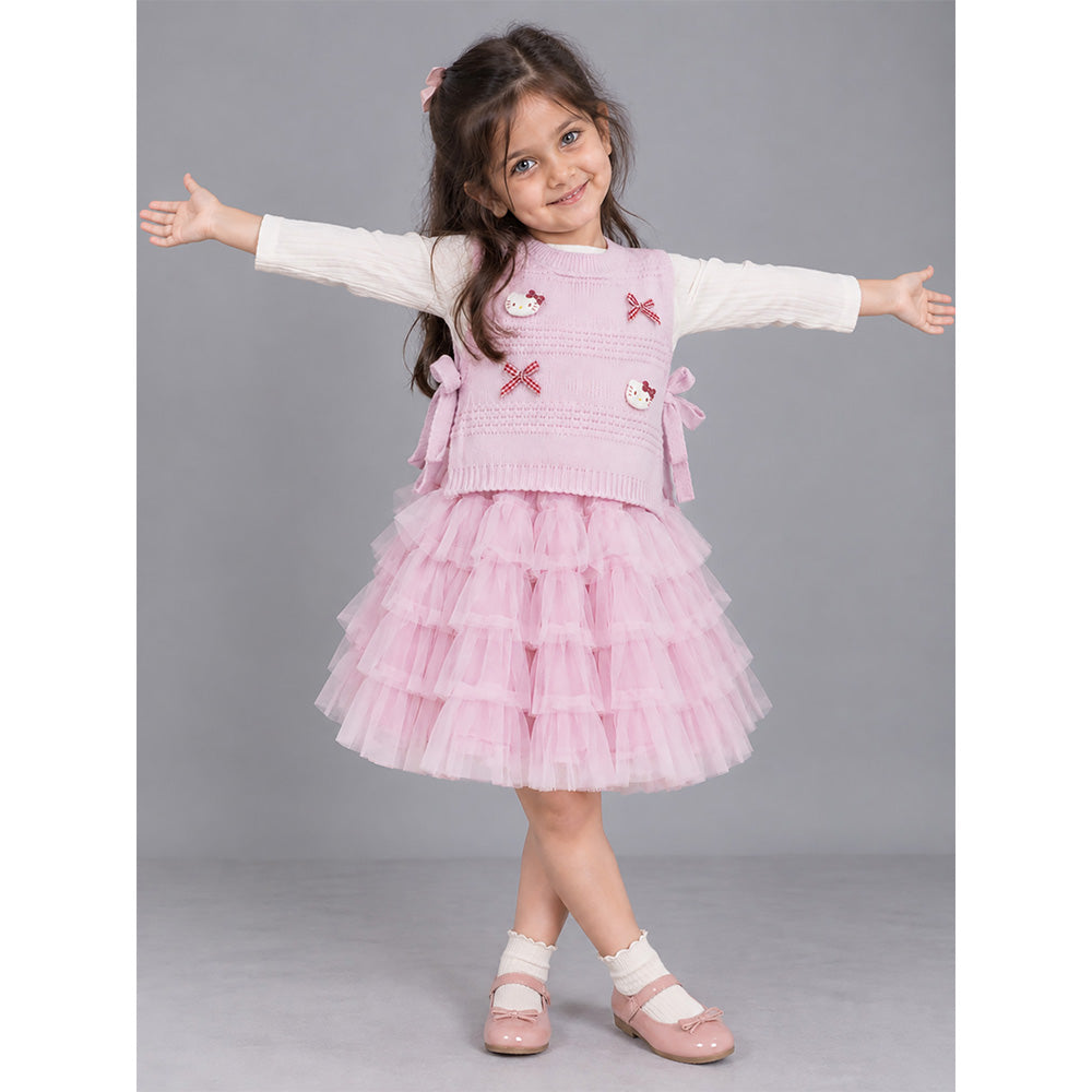 Little Surprise Box, Pink Kitty Knitted Vest & White-Pink Ruffle Frock Winterwear 2 Pcs Set for Girls