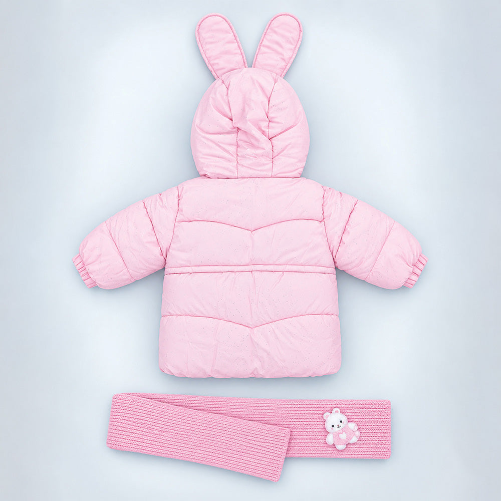 Little Surprise Box Pink Bunny Glitter Quilted Hooded Winter Jacket with Muffler for Kids