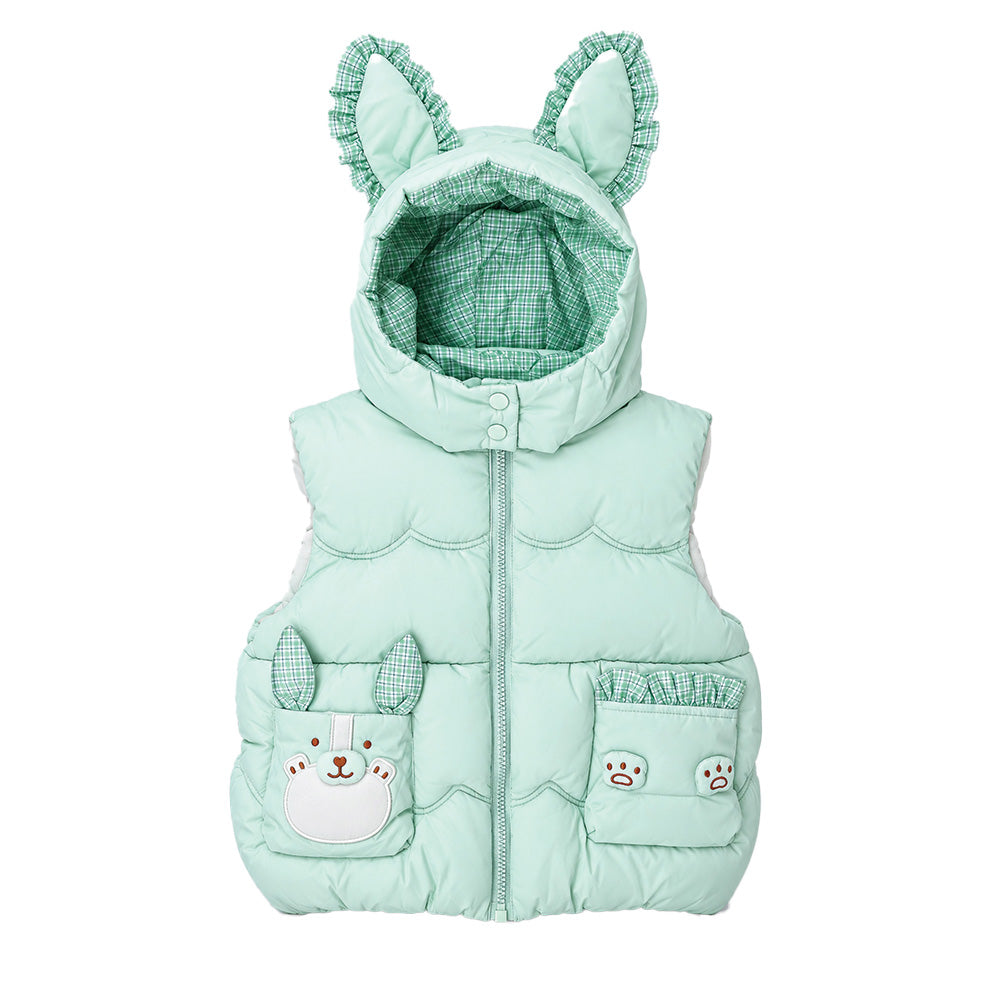 Little Surprise Box Green Bunny-Themed Quilted Hooded Sleeveless Winter Jacket for Kids