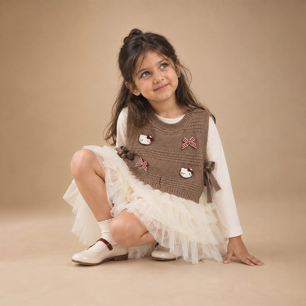 Little Surprise Box, Brown Kitty Knitted Vest & White-Ivory Ruffle Frock Winterwear 2 Pcs Set for Girls