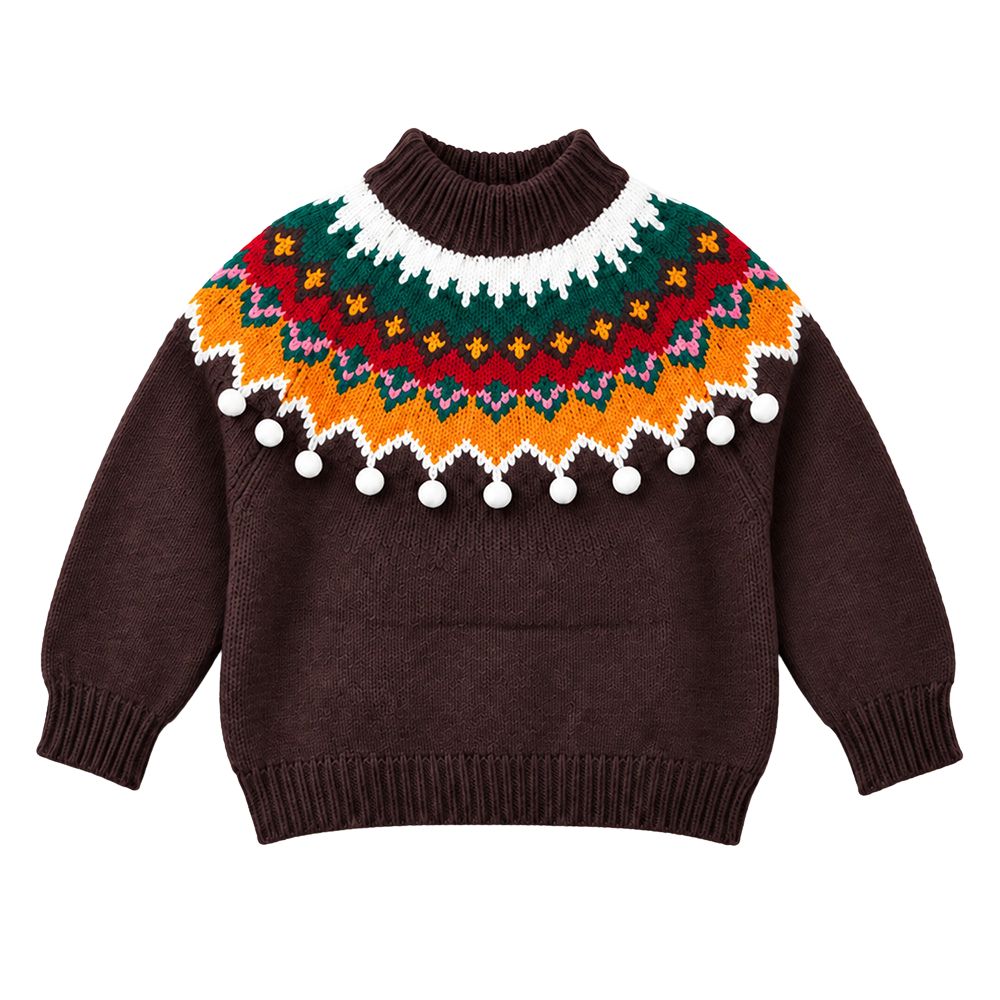 Little Surprise Box, Brown Multi Color Pompom Winter Cardigan Sweater for Kids