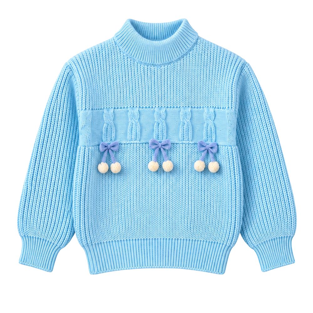 Little Surprise Box, Blue Bow & Pom-Pom Knitted Winter Cardigan Sweater for Girls