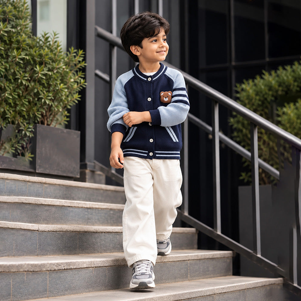 Little Surprise Box, Navy Blue & Grey Bear Varsity-Style Winter Cardigan Sweater for Kids