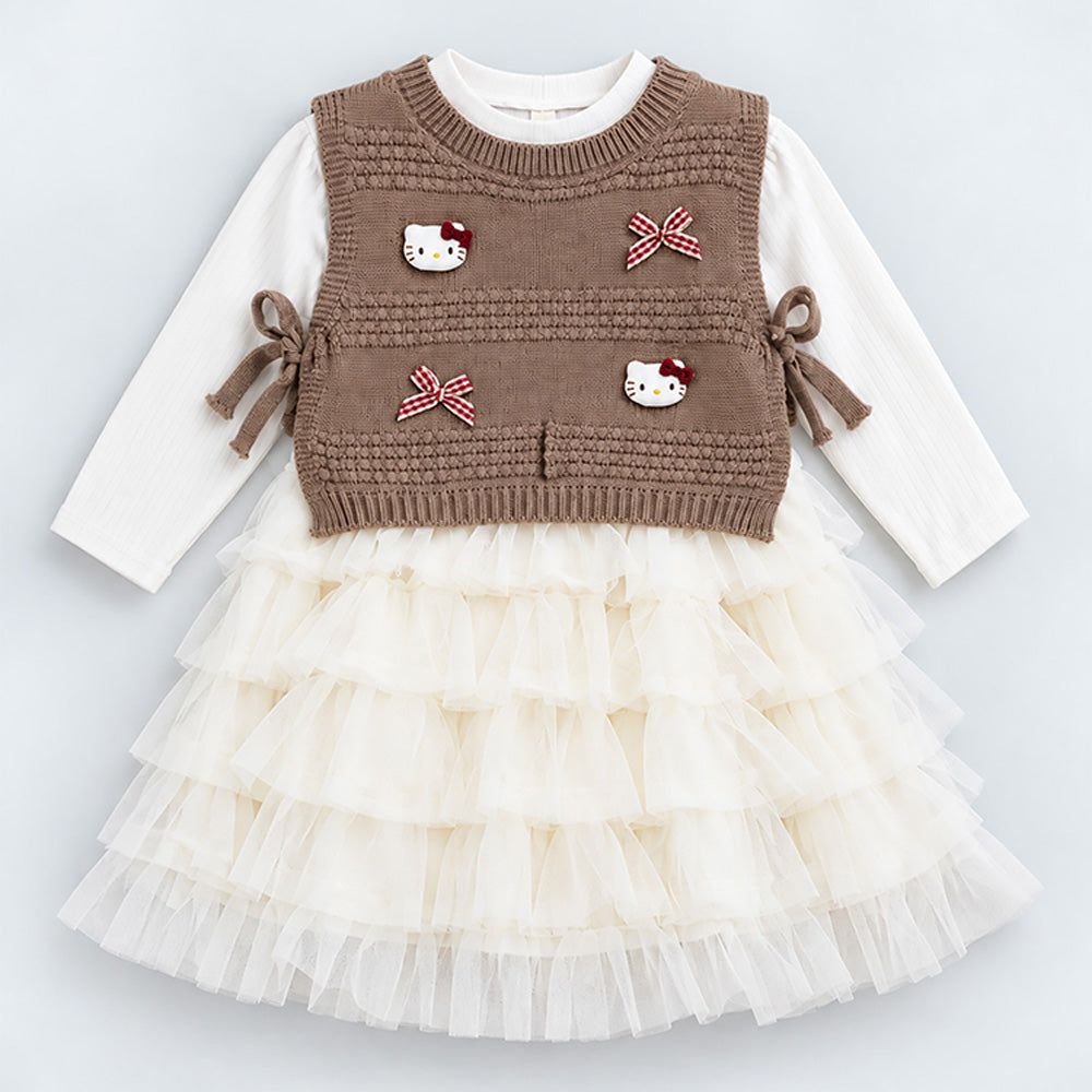 Little Surprise Box Kitty Knitted Vest and Ruffle Frock Winterwear 2 Pcs Set for Girls
